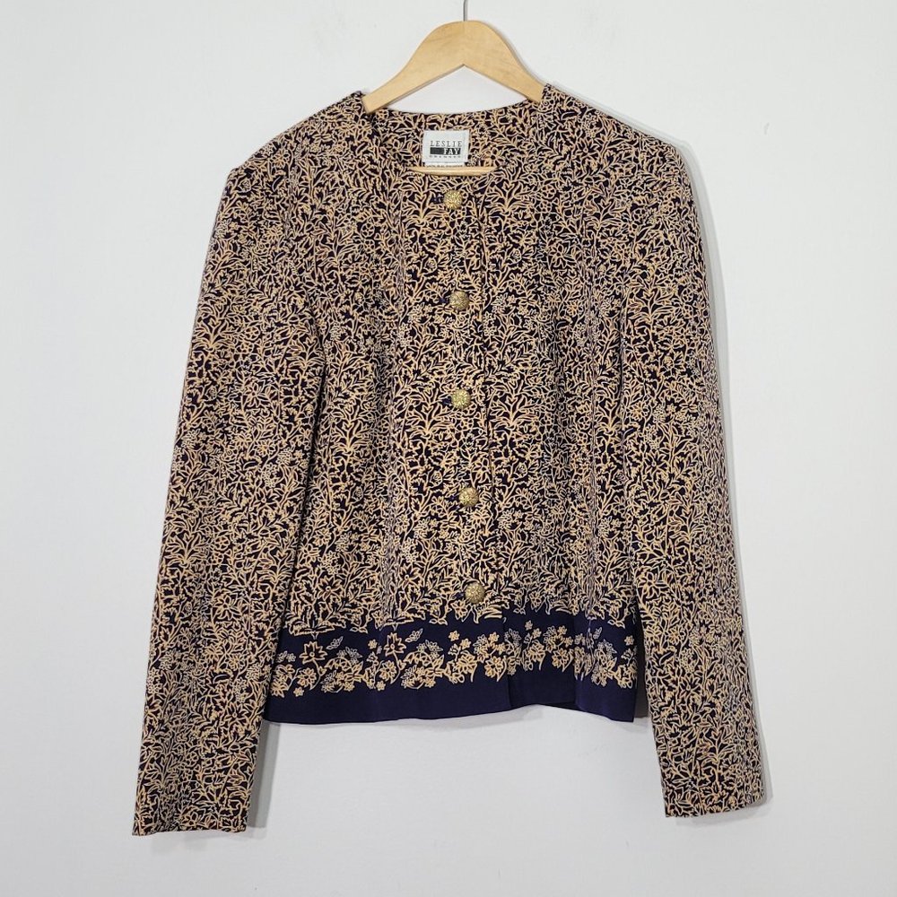 Vintage Leslie Fay 90's Floral Structured Blouse Retro Button Front Size 14